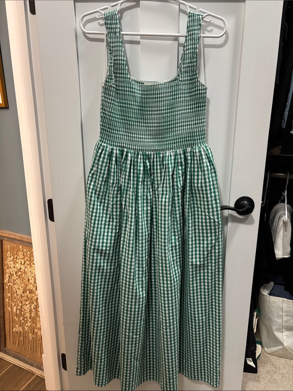 WAYF Green Gingham Smocked-Top Dress